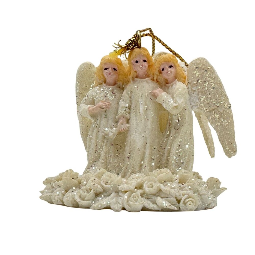 Vintage Ganz Triple Angel Figurine With Glittered Wings & Floral Base Resin